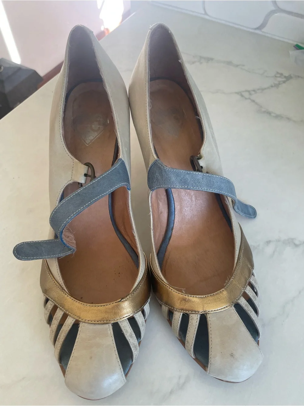 Jeffrey Campbell Ivory Leather Heels with Gold & Silver Accents - size 41